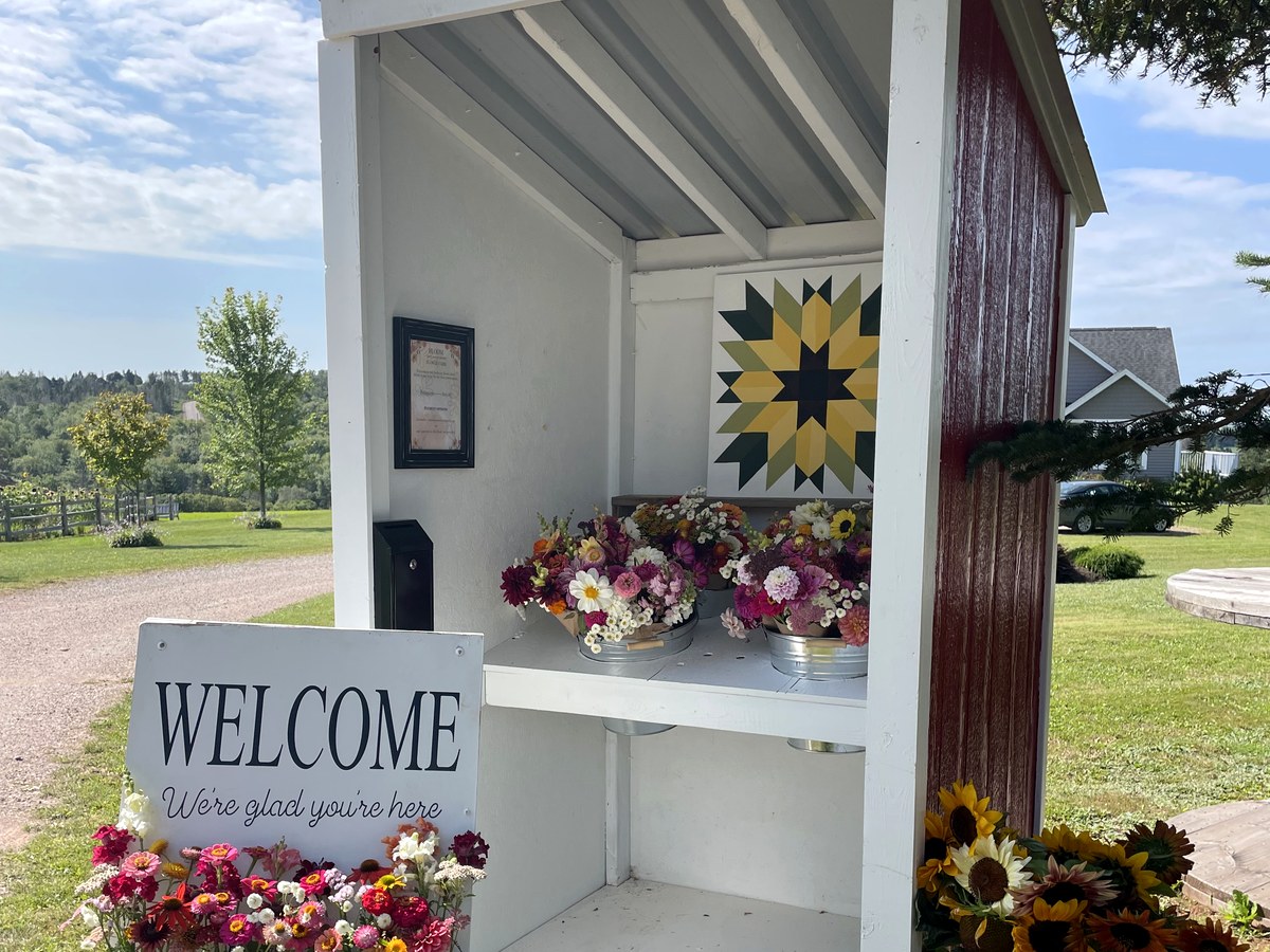 The white roadside flower stand at the end of the lane, bouquets on the shelf and a welcome sign out front